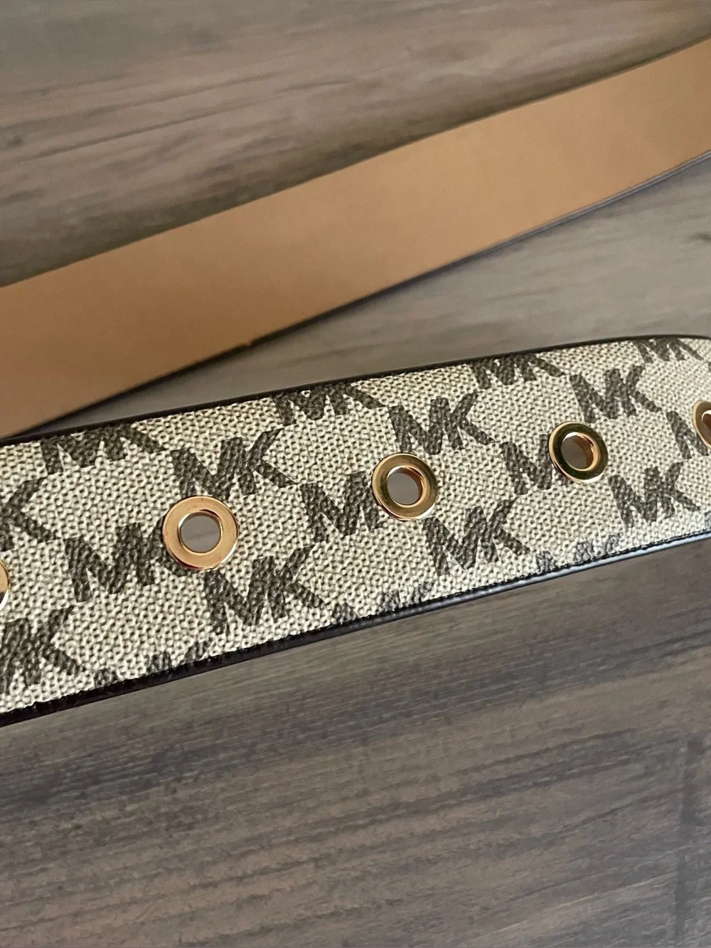 Michael Kors MK Logo Canvas Belt Womens Medium 556023 Gold Buckle Beige Brown